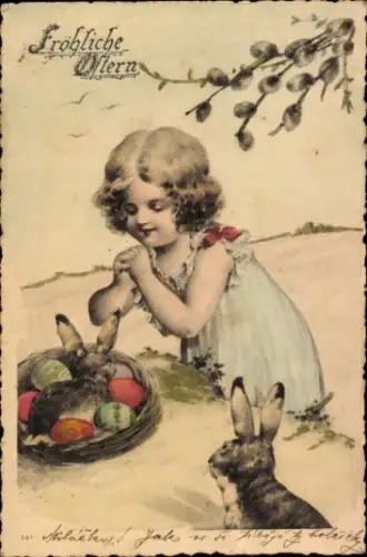 Künstler Ak Glückwunsch Ostern, Mädchen, Ostereier, Osterhase