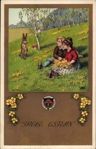 Ak Glückwunsch Ostern, Kinder, Osterhase, Birken, Blumen