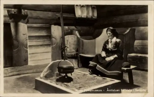 Ak Norwegen, Volksmuseum, Innenansicht