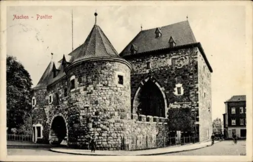 Ak Aachen, Aachen Ponttor,  Stadtmauer, Türme, Steine, Bäume