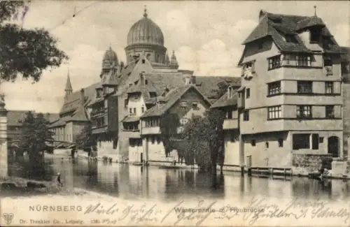 Judaika Ak Nürnberg in Mittelfranken, Wasserpartie, Heubrücke, Synagoge