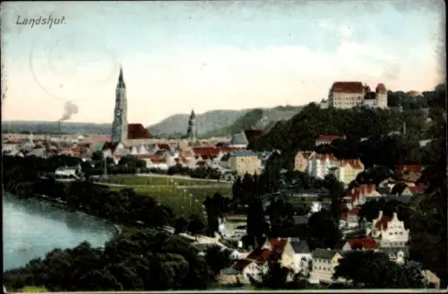 Ak Landshut in Niederbayern,  Stadtansicht, Fluss, Türme, Gebäude