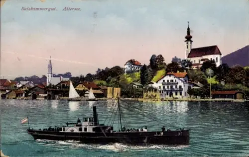 Ak Attersee am Attersee Oberösterreich, Schiff auf dem  Kirche, Häuser, Segelboote
