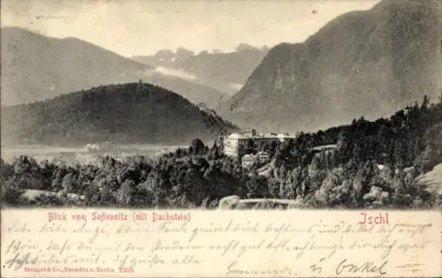 Ak Bad Ischl in Oberösterreich, Blick vom Sofiensitz mit Dachstein