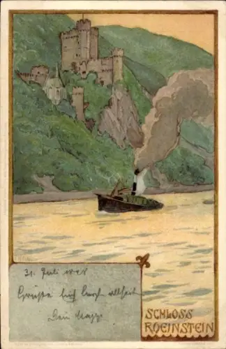 Künstler Litho Franz Hein, Trechtingshausen Rheinland Pfalz, Schloss Rheinstein, Dampfer