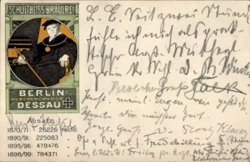 Ak Werbung, Schultheiss Brauerei, Berlin, Dessau