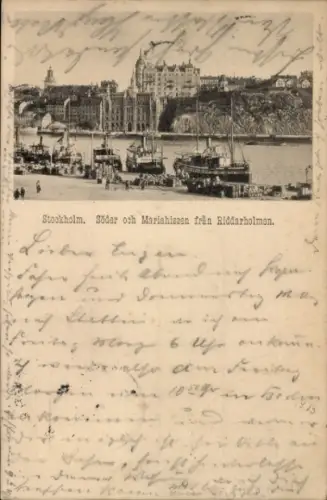 Ak Stockholm Schweden, Söder och Mariahissen fran Riddarholmen