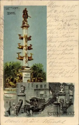 Litho Wien 2. Leopoldstadt Österreich, Tegetthoff Denkmal, Aspernbrücke