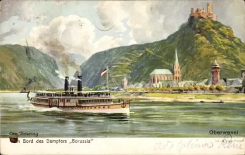 Künstler Ak Detering, O., Oberwesel am Rhein, Dampfer Borussia