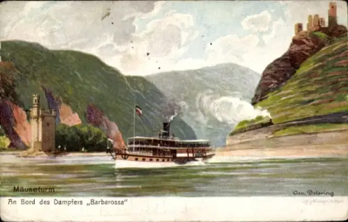 Künstler Ak Detering, Bingerbrück Bingen am Rhein, Mäuseturm, Dampfer Barbarossa