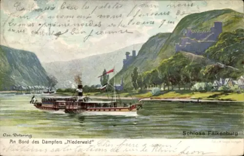 Künstler Ak Detering, Trechtingshausen am Rhein, Rheindampfer Niederwald, Schloss Falkenburg