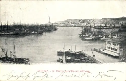 Ak Genova Genua Liguria, Hafenansicht, Schiffe, Hotel d'Italia, 