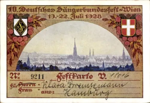 Wappen Künstler Ak Kutzer, E., Wien I Innere Stadt, Panorama, 10. Deutsches Sängerbundesfest 1928