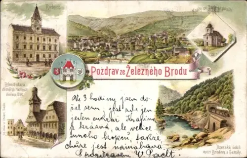 Wappen Litho Železný Brod Eisenbrod Region Reichenberg, Gesamtansicht, Rathaus, Eisenbahn