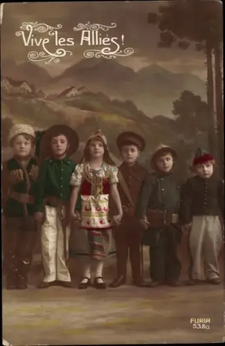 Ak Vive les Allies, Kinder in Uniformen, Frankreich, Russland, Großbritannien