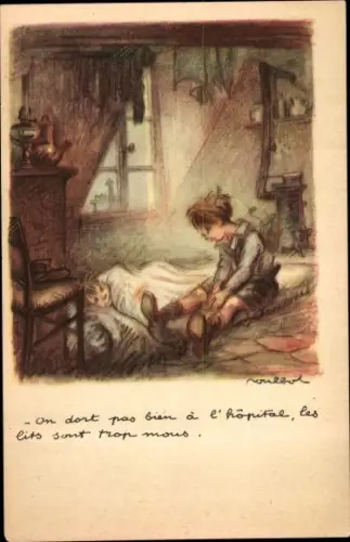 Künstler Ak Poulbot, Francisque, On dort pas bien a l'hopital, Ligue nationale contre le taudis