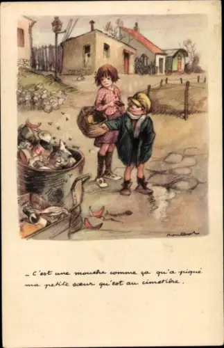 Künstler Ak Poulbot, Francisque, Ligue Nationale contre le Taudis, Kinder, Mülltonne, Fliegen