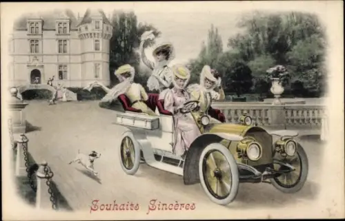 Ak Souhaits Sincères, vier Damen im Automobil