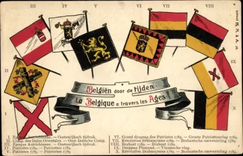 Präge Ak La Belgique a travers les Ages, Belgische Flaggen