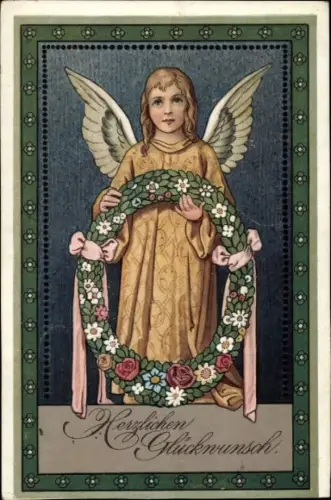 Ak Glückwunsch, Engel mit Blumenkranz