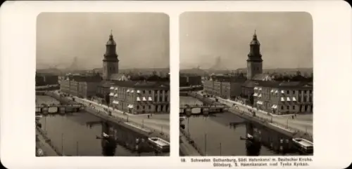 Stereo Foto Göteborg Schweden, Hafenkanal, Deutsche Kirche
