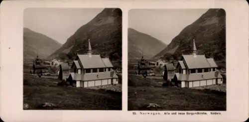Stereo Foto Norwegen, Valders, Alte und neue Borgundkirche