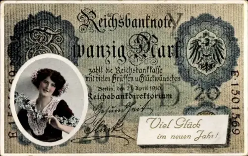 Ak Fröhliches Neujahr, Reichsbanknote Zwanzig Mark, Geldschein, Frauenportrait