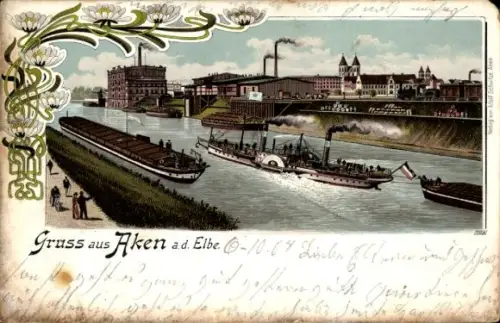 Jugendstil Litho Aken an der Elbe Sachsen Anhalt, Flusspartie, Lastkahn