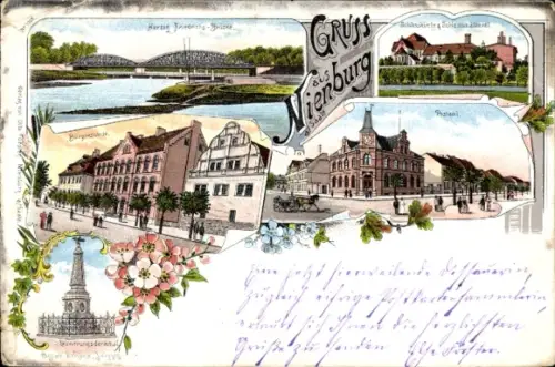 Litho Nienburg an der Saale, Herzog Friedrichs Brücke, Post, Schlosskirche