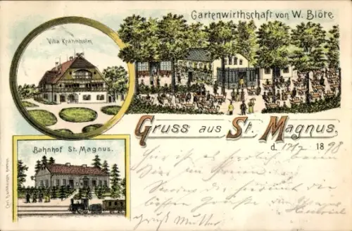 Litho St Magnus Burglesum Hansestadt Bremen, Villa Krahnholm, Gartenwirtschaft von W. Blöte