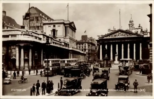 Ak City of Westminster London England, Bank of England, Royal Exchange,   Busse, Autos, Menschen