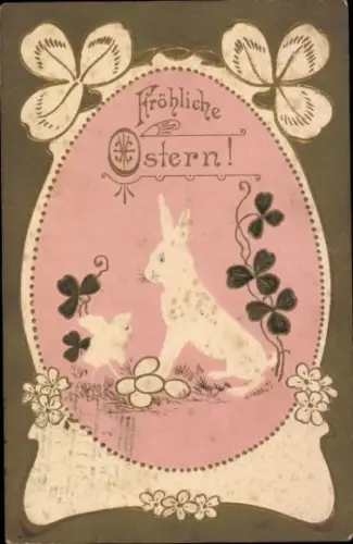 Präge Ak Glückwunsch Ostern, Osterhase, Ostereier, Kleeblätter