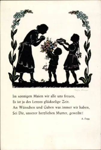 Scherenschnitt Ak Mutter mit Kindern, Gedicht