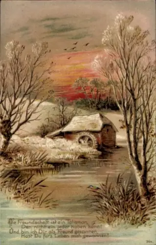 Künstler Ak Wassermühle im Winter, Freundschaft ist ein Talisman, Gedicht