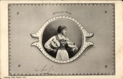 Passepartout Ak Hardanger Norwegen, Frauenportrait in Tracht