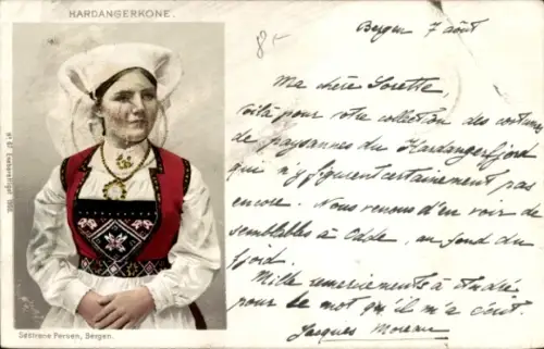 Ak Hardanger Norwegen, Frauenportrait, Landestracht