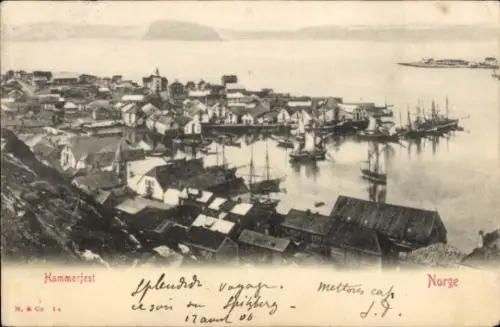 Ak Hammerfest Norwegen,  Hafenansicht, Schiffe, norwegische Landschaft