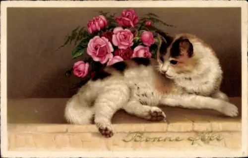 Ak Glückwunsch Geburtstag, Katze, Blumen, rosa Blüten