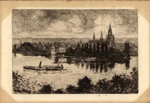 Ak Konstanz am Bodensee, Stadtansicht, Bodensee, Konstanz, Boot auf dem Wasser, Wolken