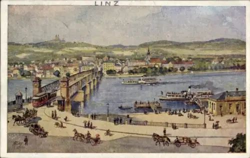 Ak Linz an der Donau Oberösterreich, Landschaft von  Donau, Brücke, Dampfschiffe, Pferdekutschen