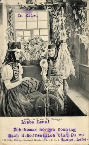 Ak St. Georgen im Schwarzwald Baar Kreis, Volkstracht, Frauen a.d. Spindel
