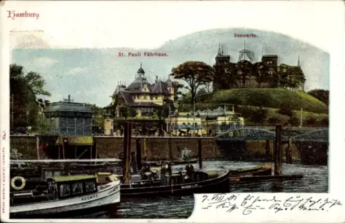 Glitzer Ak Hamburg St. Pauli, Blick auf das Fährhaus und die Seewarte, Dampfer