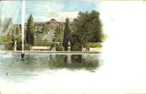 Litho Potsdam Brandenburg, Schloß Sanssouci mit Fontäne, Weinterrassen