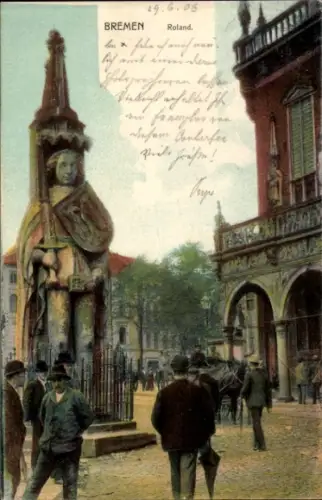 Ak Schnoor Bremen,  Statue Roland, Menschen, 1905