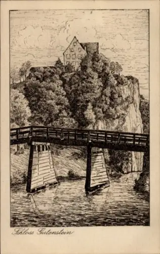 Ak Gutenstein in Niederösterreich, Schloss  Brücke, Wasser, Baum, Zeichnung