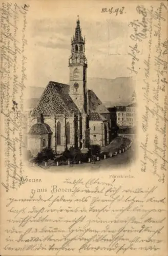 Ak Bozen Bolzano Südtirol, Pfarrkirche, Gruß aus  , 10.4.98