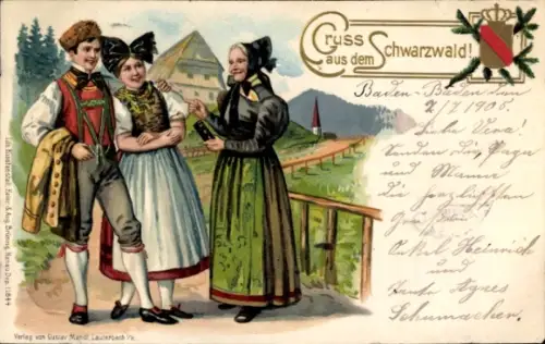 Litho Gruß aus dem Schwarzwald, Schwarzwälder in Sonntagstrachten, Wappen
