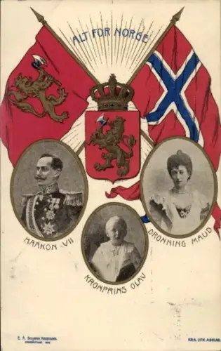 Ak König Haakon VII von Norwegen, Königin Maud, Kronprinz Olav, Wappen, Flaggen