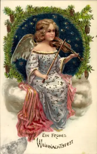 Präge Ak Glückwunsch Weihnachten, Engel mit Geige auf einer Wolke