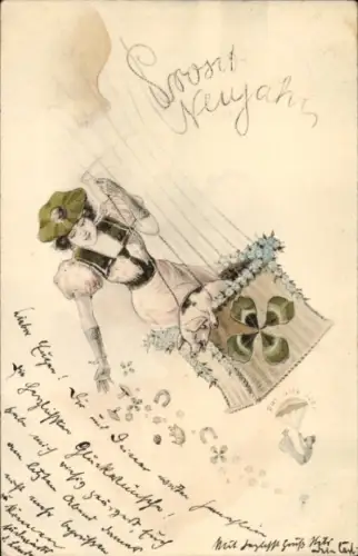 Ak Fröhliches Neujahr, Frau in einem Ballon, Kleeblätter, Hufeisen, Pilze